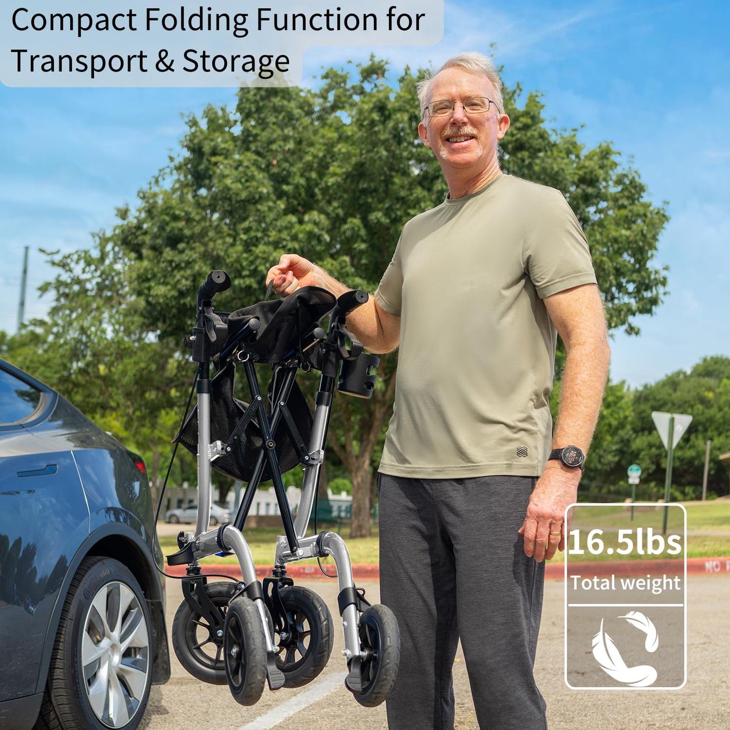 Henmnii Rollator Walker with seat for Seniors, All Terrain Walker with 10inch Front Rubber Wheels, Lightweight Foldable Aluminum Walkers