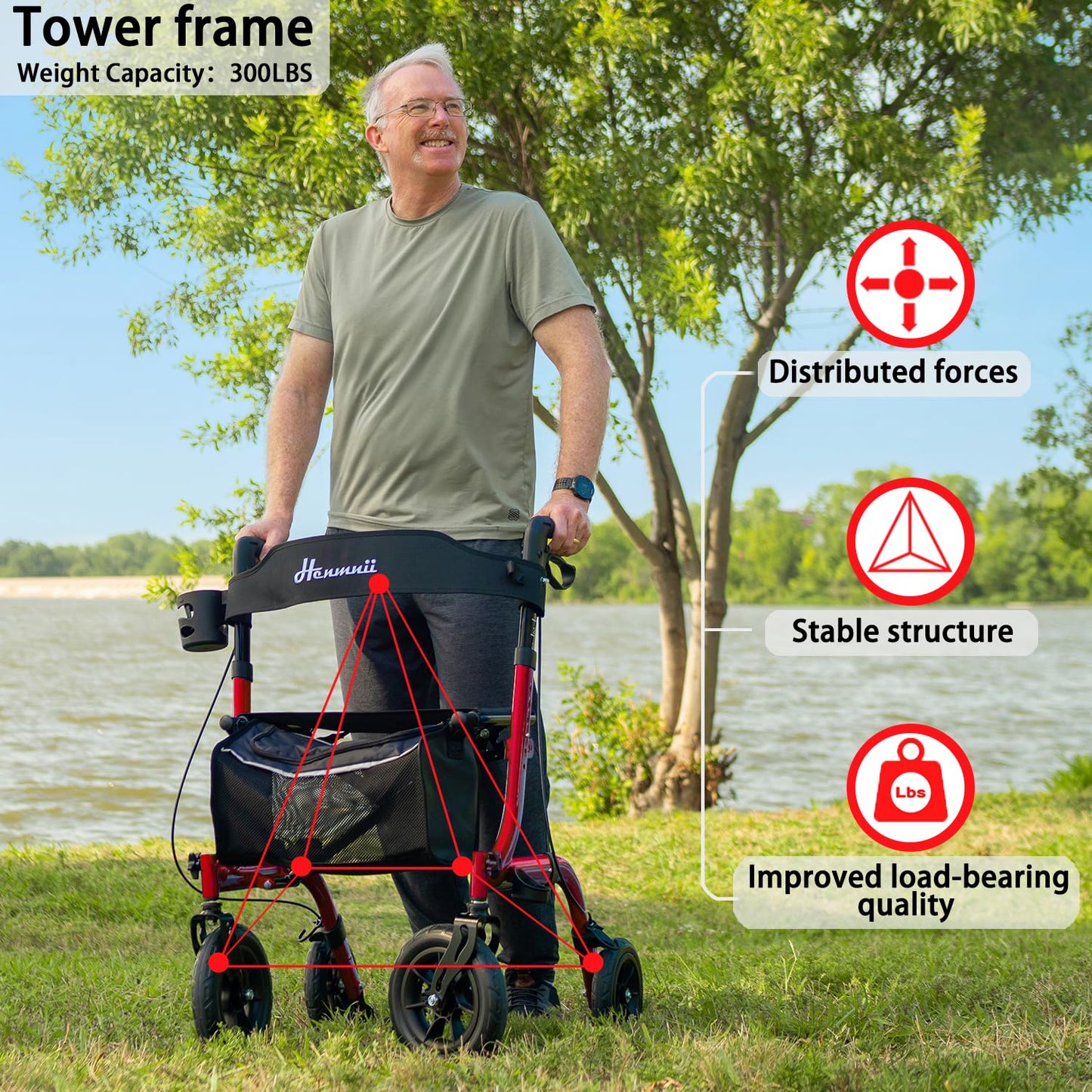 Henmnii Rollator Walker with seat for Seniors, All Terrain Walker with 10inch Front Rubber Wheels, Lightweight Foldable Aluminum Walkers