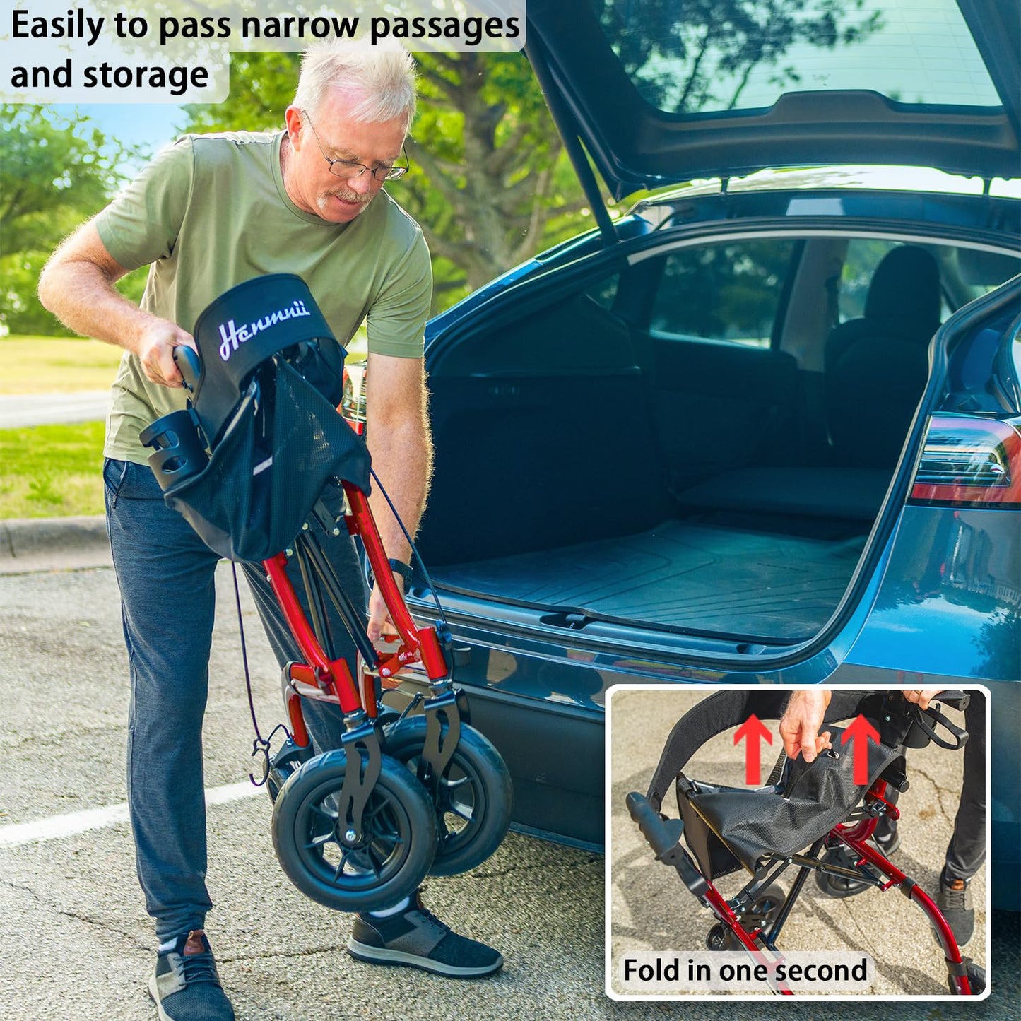 Henmnii Rollator Walker with seat for Seniors, All Terrain Walker with 10inch Front Rubber Wheels, Lightweight Foldable Aluminum Walkers