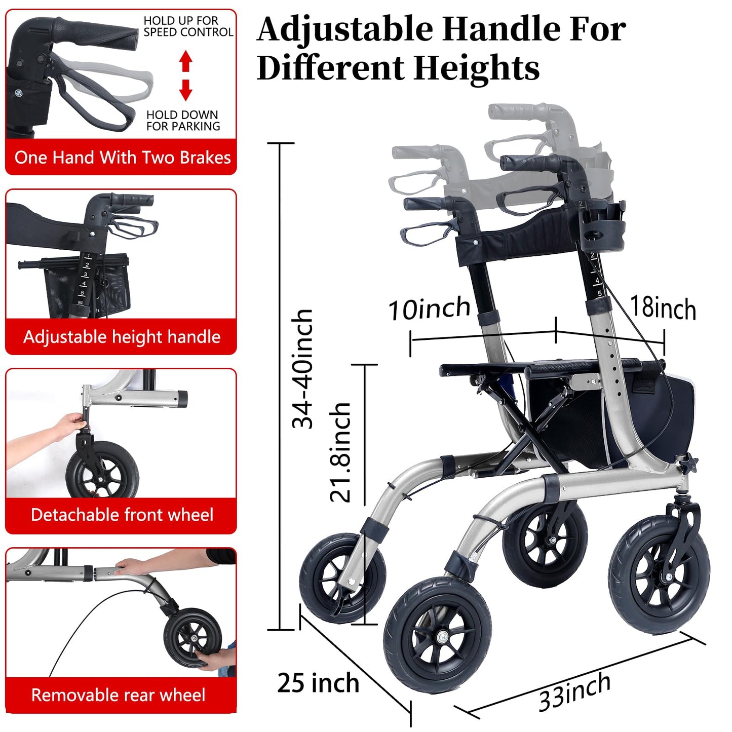 Henmnii Rollator Walker with seat for Seniors, All Terrain Walker with 10inch Front Rubber Wheels, Lightweight Foldable Aluminum Walkers