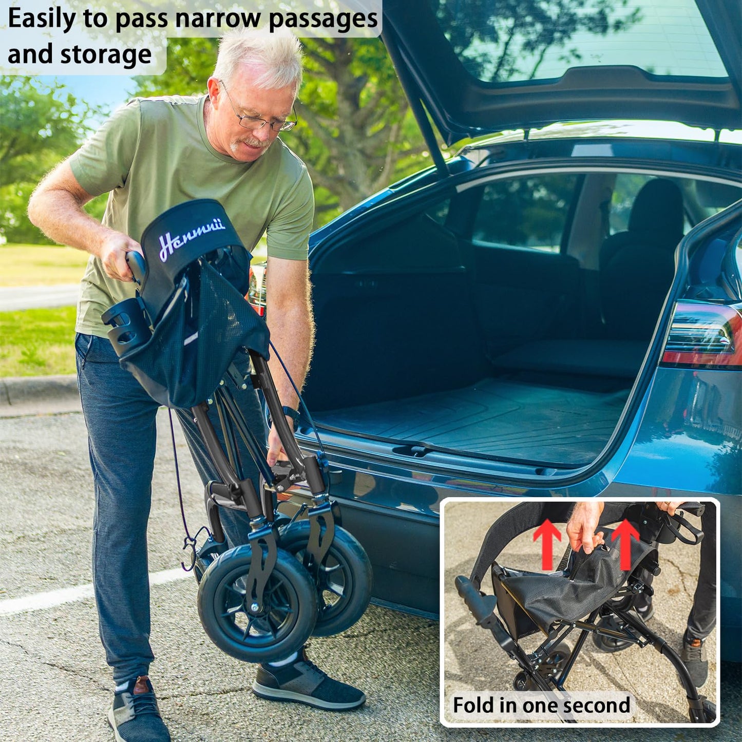 Henmnii Rollator Walker with seat for Seniors, All Terrain Walker with 10inch Front Rubber Wheels, Lightweight Foldable Aluminum Walkers