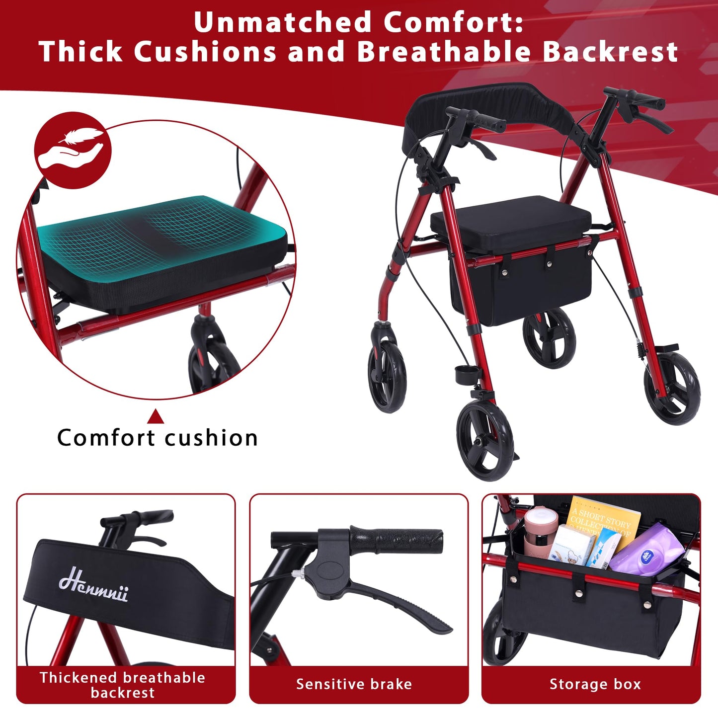 Walker for Seniors, Lightweight Rollator Walker with seat, Foldable Rolling Walker with 8 inch All Terrain Rubber Wheels, Ergonomic Adjustable Handles and Backrest for Seniors and Adult.
