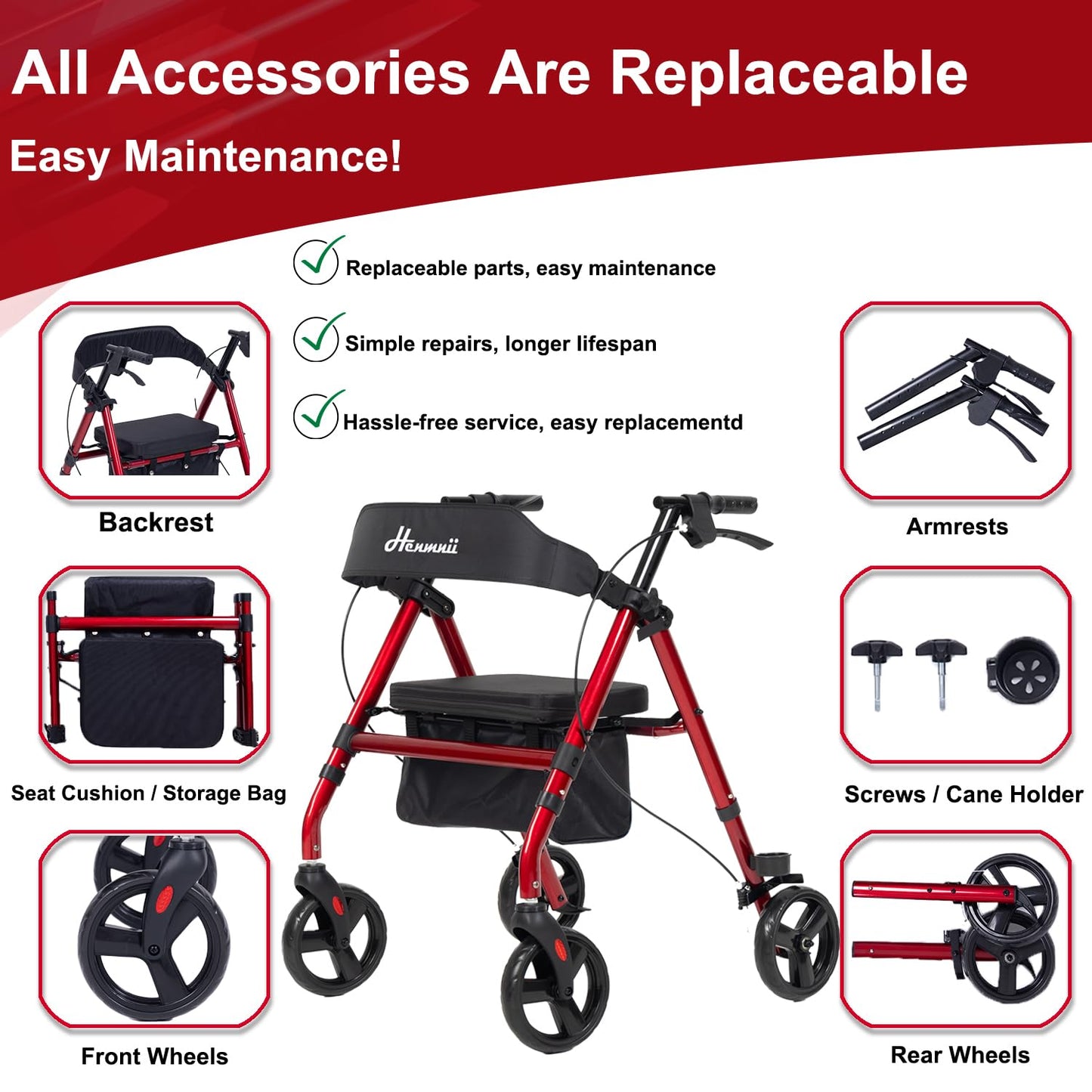 Walker for Seniors, Lightweight Rollator Walker with seat, Foldable Rolling Walker with 8 inch All Terrain Rubber Wheels, Ergonomic Adjustable Handles and Backrest for Seniors and Adult.