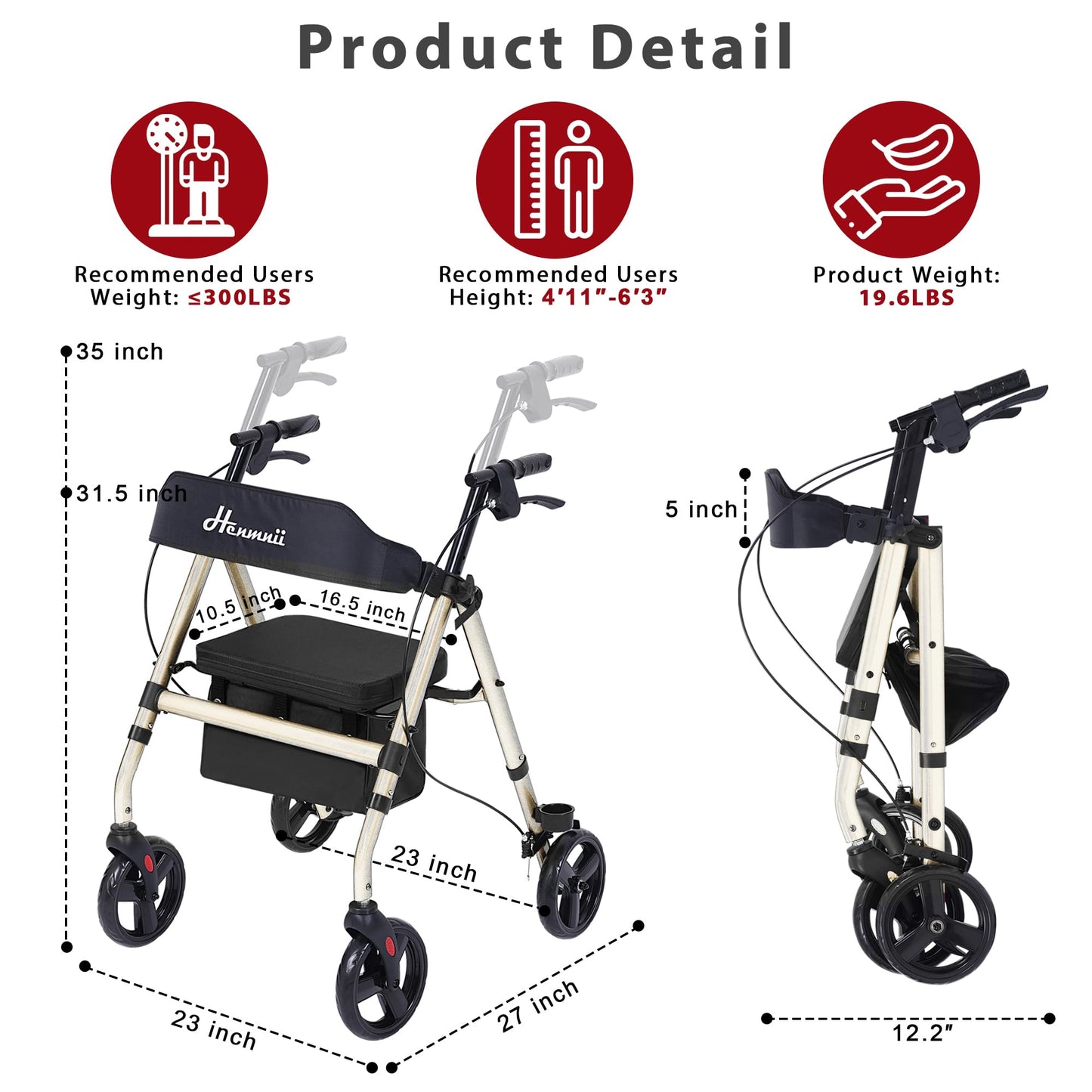 Walker for Seniors, Lightweight Rollator Walker with seat, Foldable Rolling Walker with 8 inch All Terrain Rubber Wheels, Ergonomic Adjustable Handles and Backrest for Seniors and Adult.