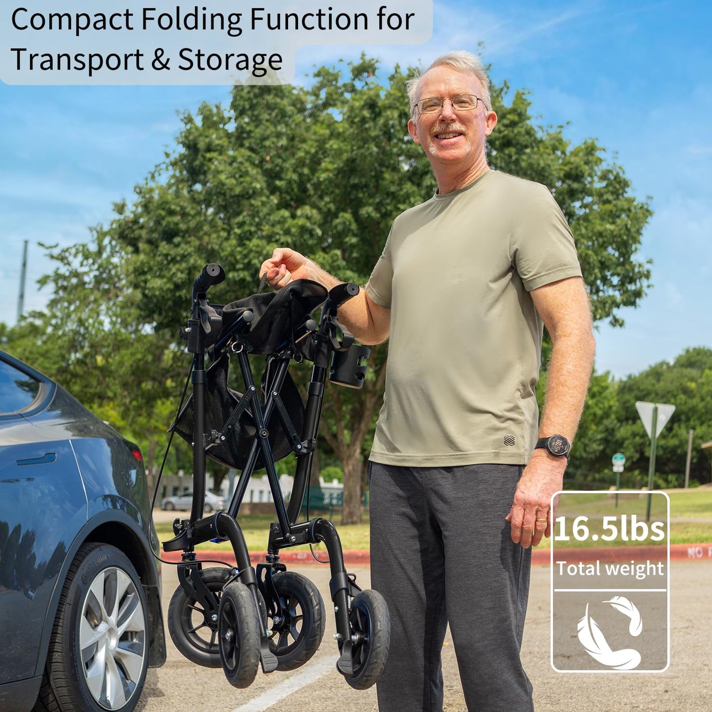 Henmnii Rollator Walker with seat for Seniors, All Terrain Walker with 10inch Front Rubber Wheels, Lightweight Foldable Aluminum Walkers