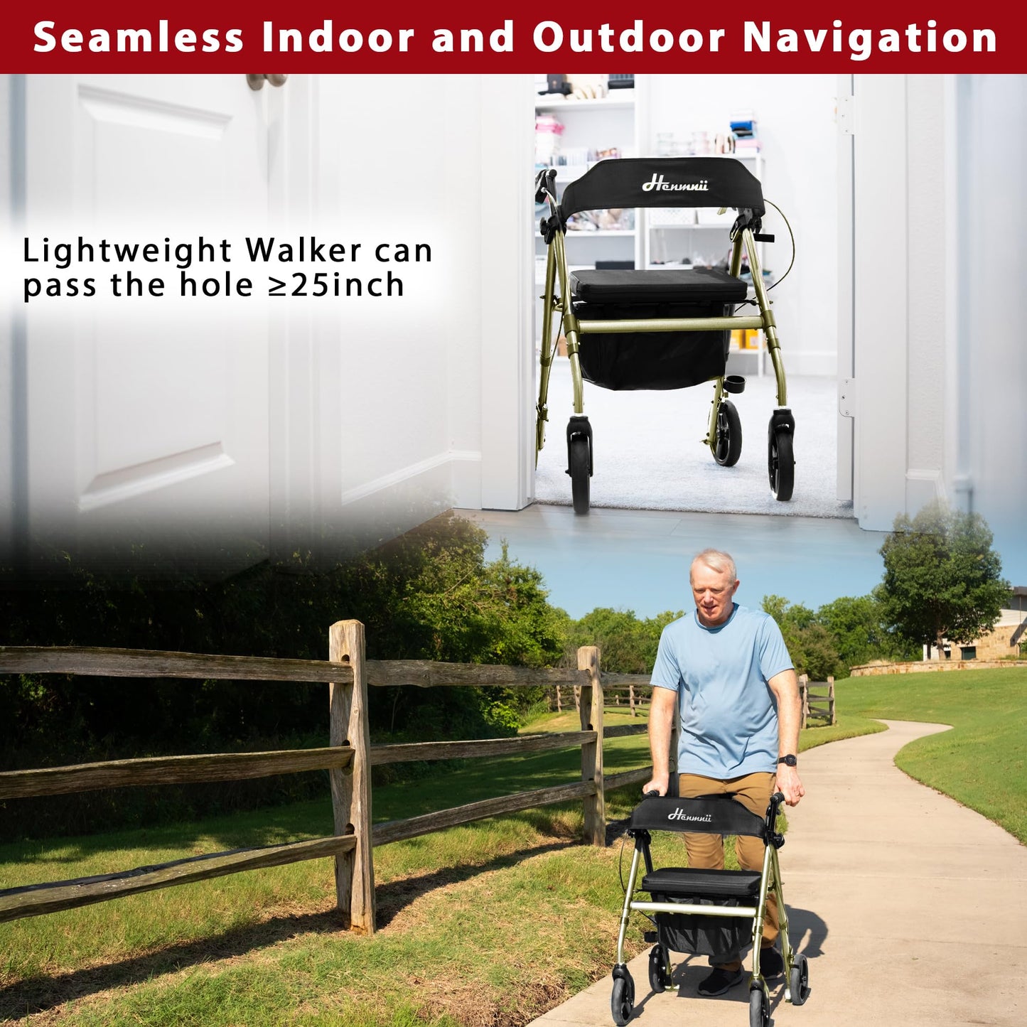 Walker for Seniors, Lightweight Rollator Walker with seat, Foldable Rolling Walker with 8 inch All Terrain Rubber Wheels, Ergonomic Adjustable Handles and Backrest for Seniors and Adult.