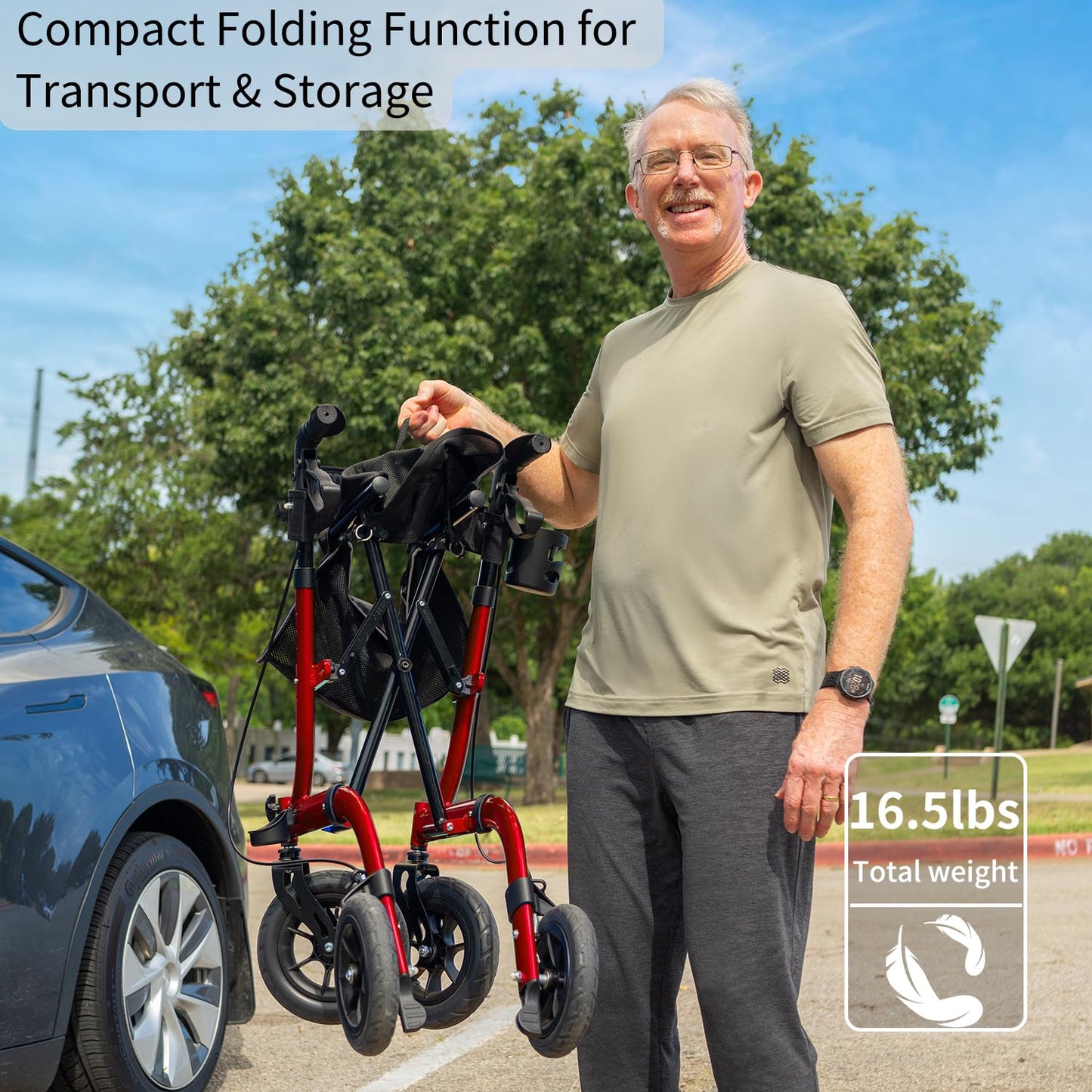 Henmnii Rollator Walker with seat for Seniors, All Terrain Walker with 10inch Front Rubber Wheels, Lightweight Foldable Aluminum Walkers