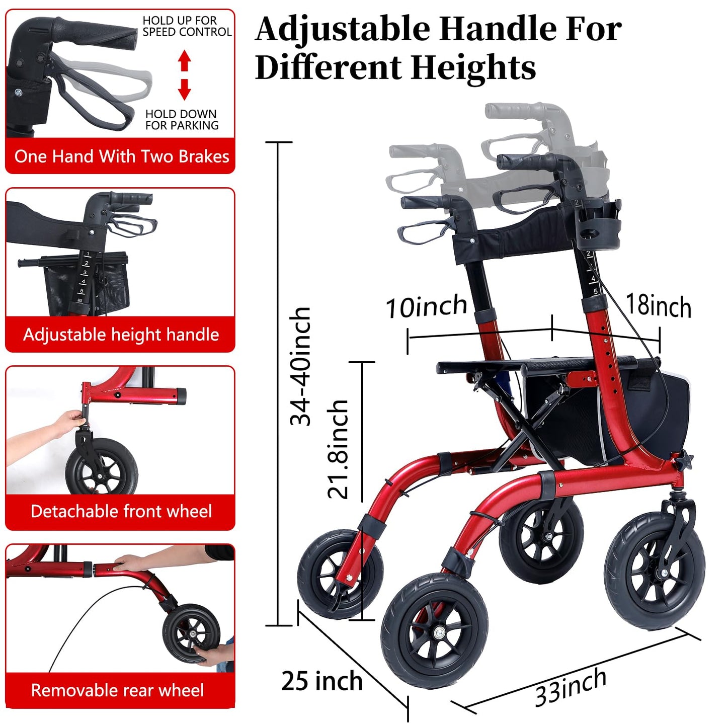 Henmnii Rollator Walker with seat for Seniors, All Terrain Walker with 10inch Front Rubber Wheels, Lightweight Foldable Aluminum Walkers