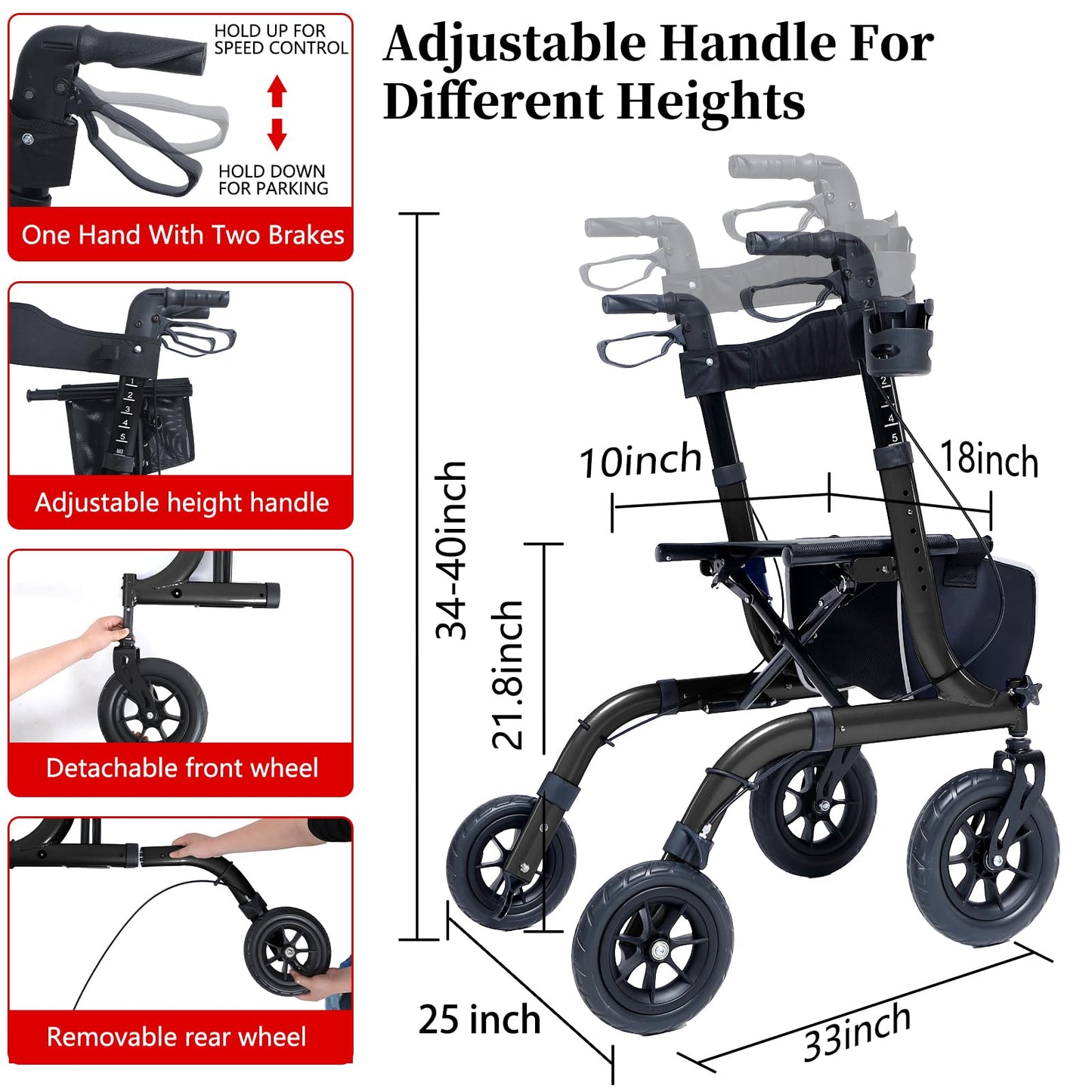 Henmnii Rollator Walker with seat for Seniors, All Terrain Walker with 10inch Front Rubber Wheels, Lightweight Foldable Aluminum Walkers