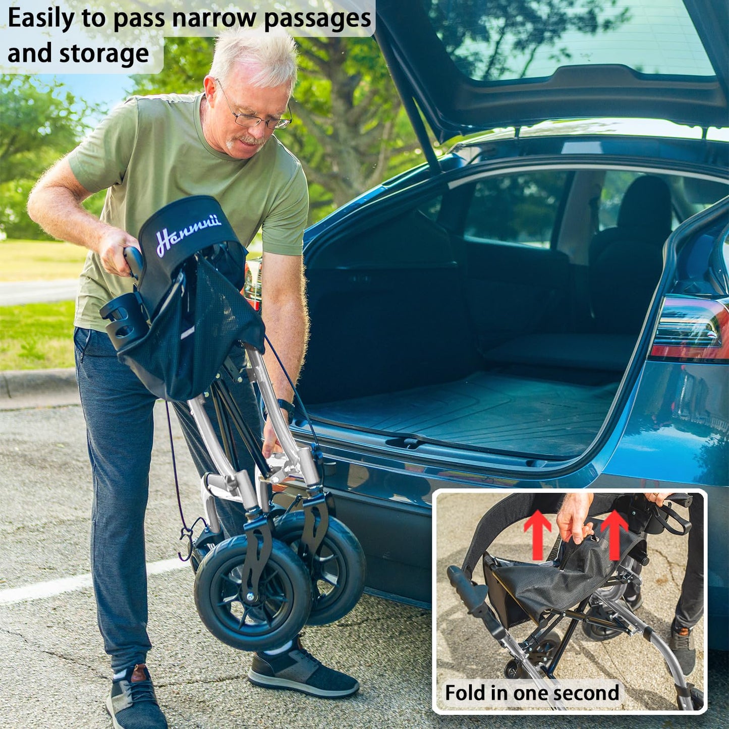 Henmnii Rollator Walker with seat for Seniors, All Terrain Walker with 10inch Front Rubber Wheels, Lightweight Foldable Aluminum Walkers