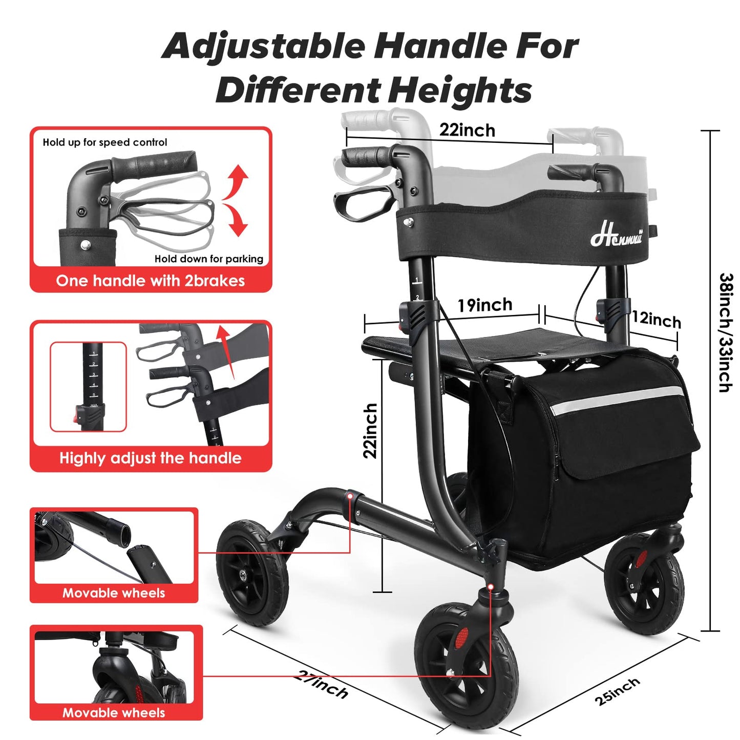 Henmnii Rollator Walker for Seniors, Heavy Duty Foldable All Terrain Rolling Walker with seat, Lightweight Aluminum Walkers with 8 inch Rubber Wheels, Handles and Backrest for Seniors and Adult