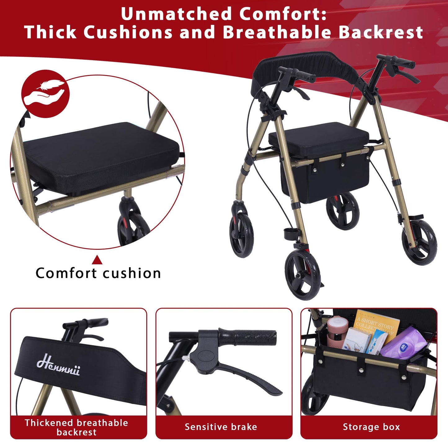 Walker for Seniors, Lightweight Rollator Walker with seat, Foldable Rolling Walker with 8 inch All Terrain Rubber Wheels, Ergonomic Adjustable Handles and Backrest for Seniors and Adult.