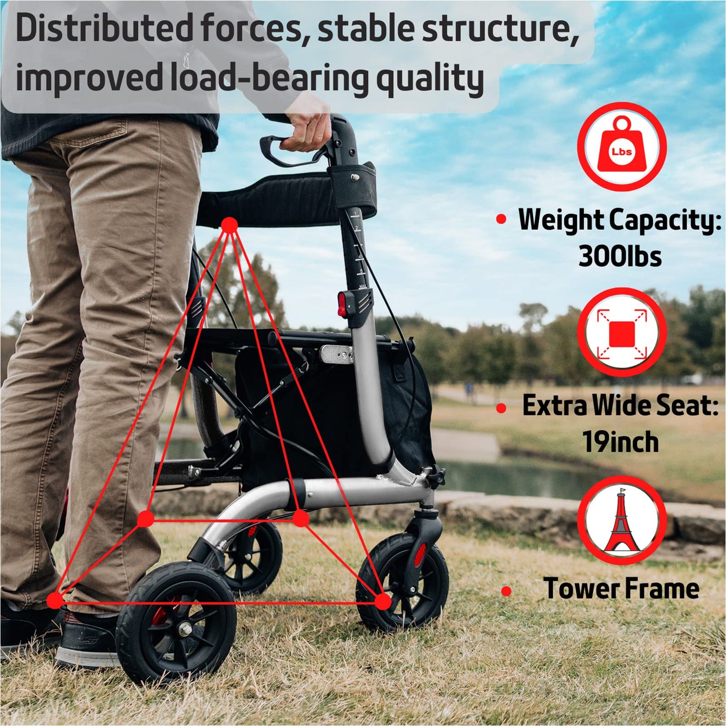 Henmnii Rollator Walker for Seniors, Heavy Duty Foldable All Terrain Rolling Walker with seat, Lightweight Aluminum Walkers with 8 inch Rubber Wheels, Handles and Backrest for Seniors and Adult