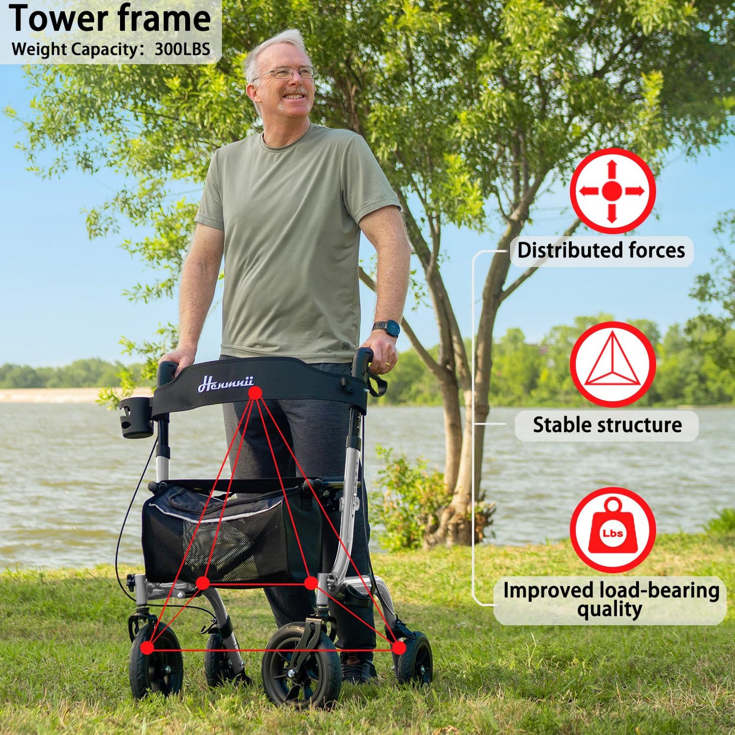 Henmnii Rollator Walker with seat for Seniors, All Terrain Walker with 10inch Front Rubber Wheels, Lightweight Foldable Aluminum Walkers