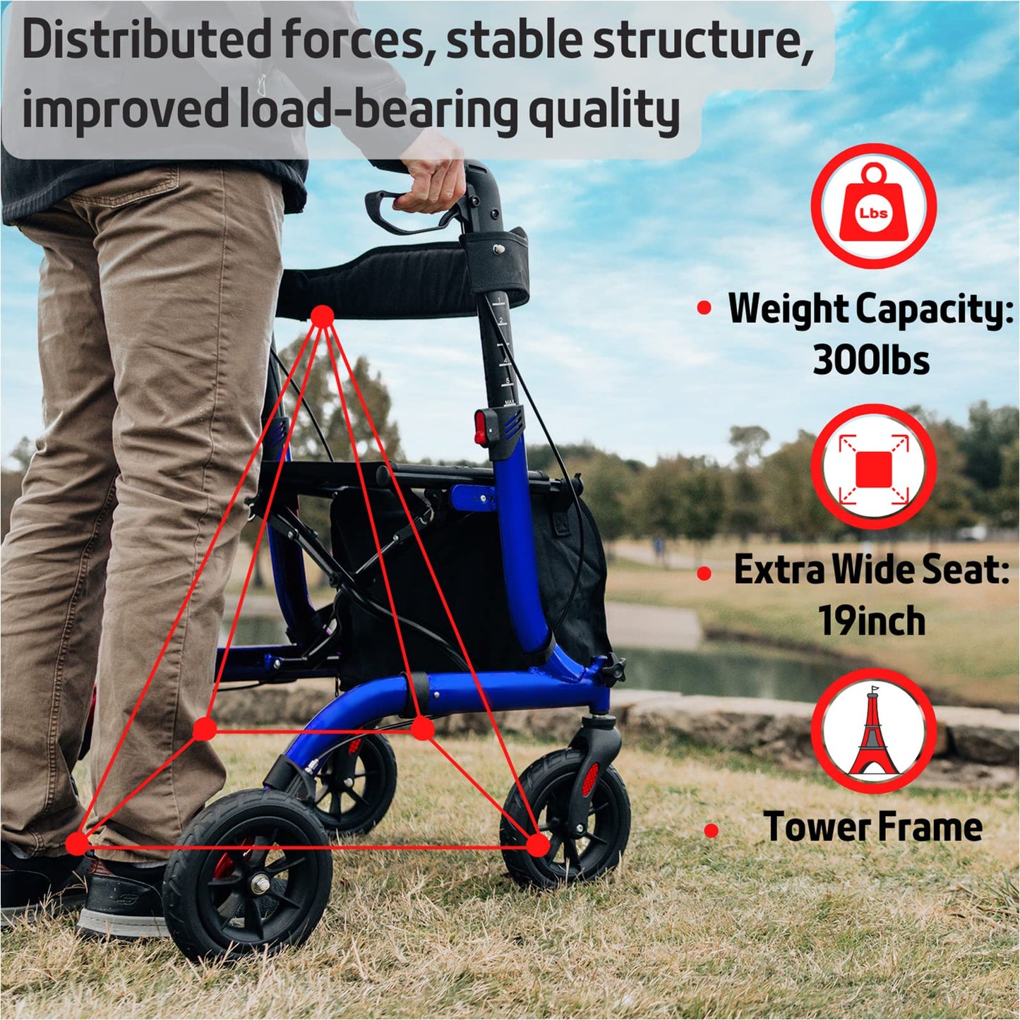 Henmnii Rollator Walker for Seniors, Heavy Duty Foldable All Terrain Rolling Walker with seat, Lightweight Aluminum Walkers with 8 inch Rubber Wheels, Handles and Backrest for Seniors and Adult