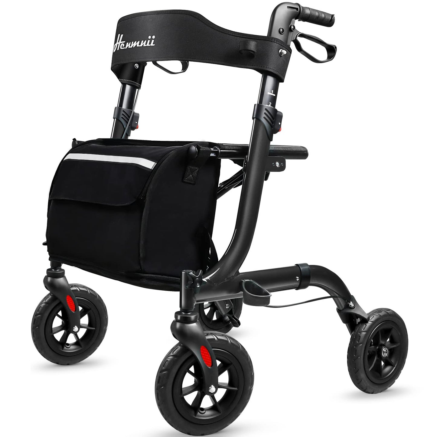 Henmnii Rollator Walker for Seniors, Heavy Duty Foldable All Terrain Rolling Walker with seat, Lightweight Aluminum Walkers with 8 inch Rubber Wheels, Handles and Backrest for Seniors and Adult
