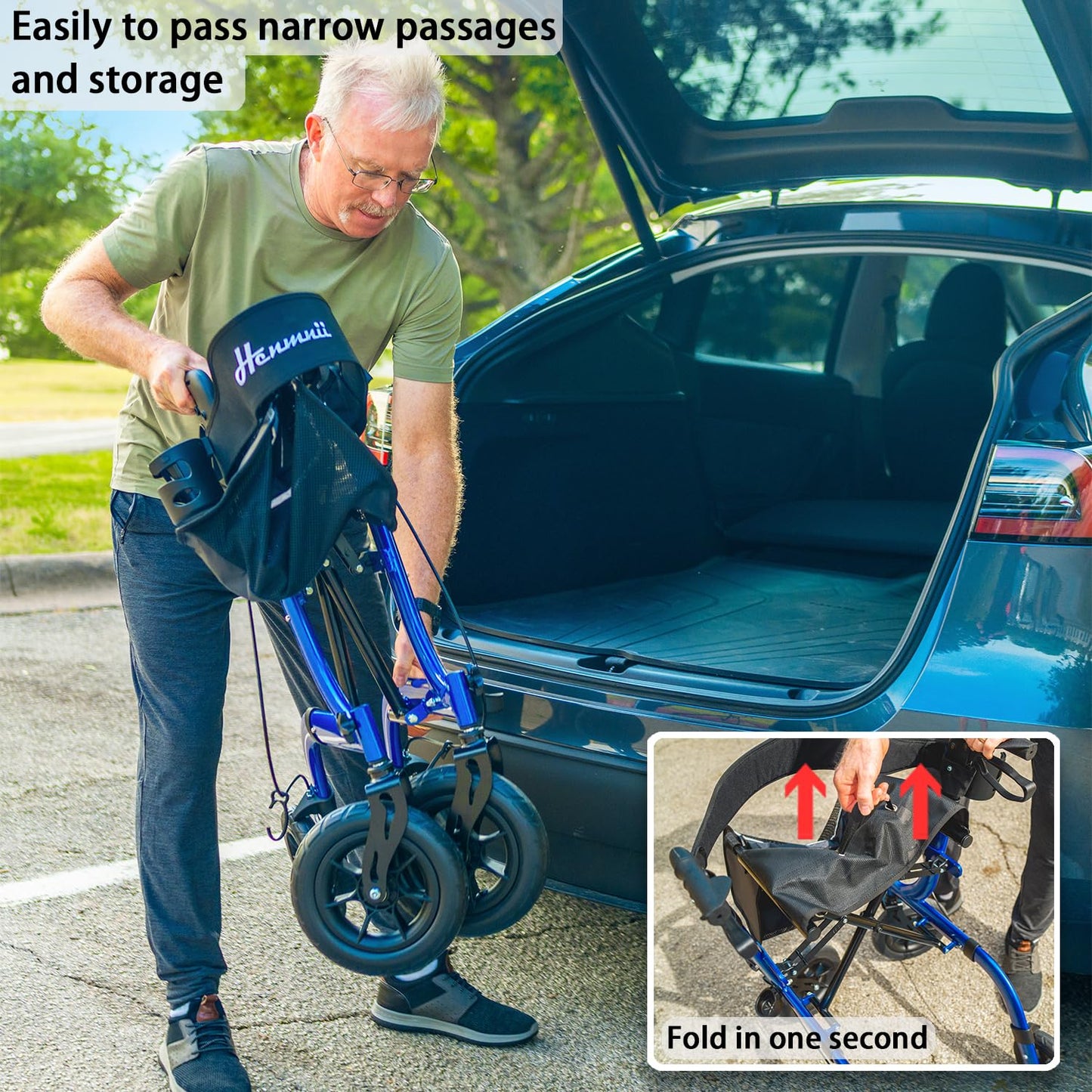 Henmnii Rollator Walker with seat for Seniors, All Terrain Walker with 10inch Front Rubber Wheels, Lightweight Foldable Aluminum Walkers
