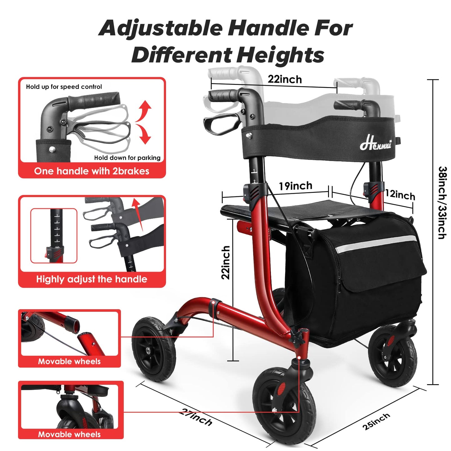 Henmnii Rollator Walker for Seniors, Heavy Duty Foldable All Terrain Rolling Walker with seat, Lightweight Aluminum Walkers with 8 inch Rubber Wheels, Handles and Backrest for Seniors and Adult