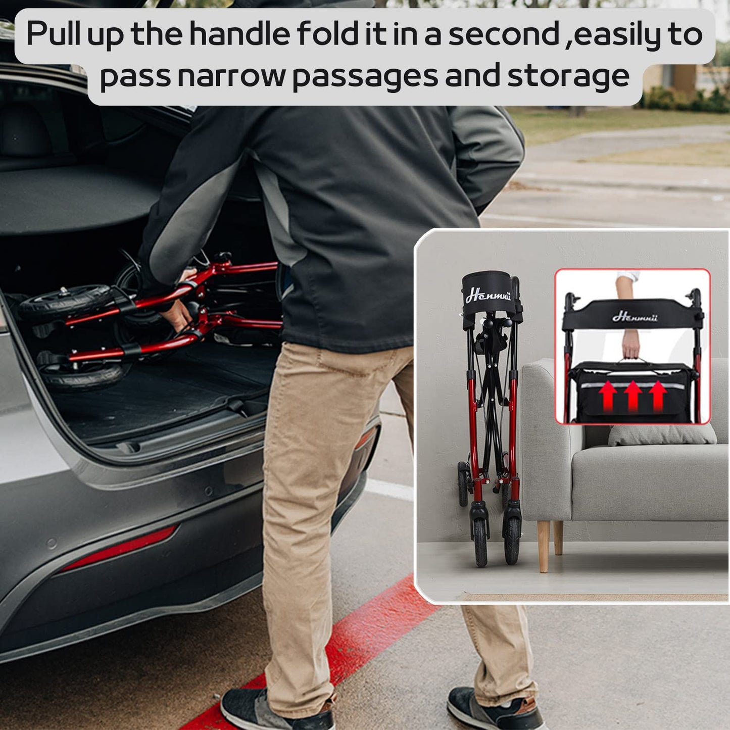 Henmnii Rollator Walker for Seniors, Heavy Duty Foldable All Terrain Rolling Walker with seat, Lightweight Aluminum Walkers with 8 inch Rubber Wheels, Handles and Backrest for Seniors and Adult