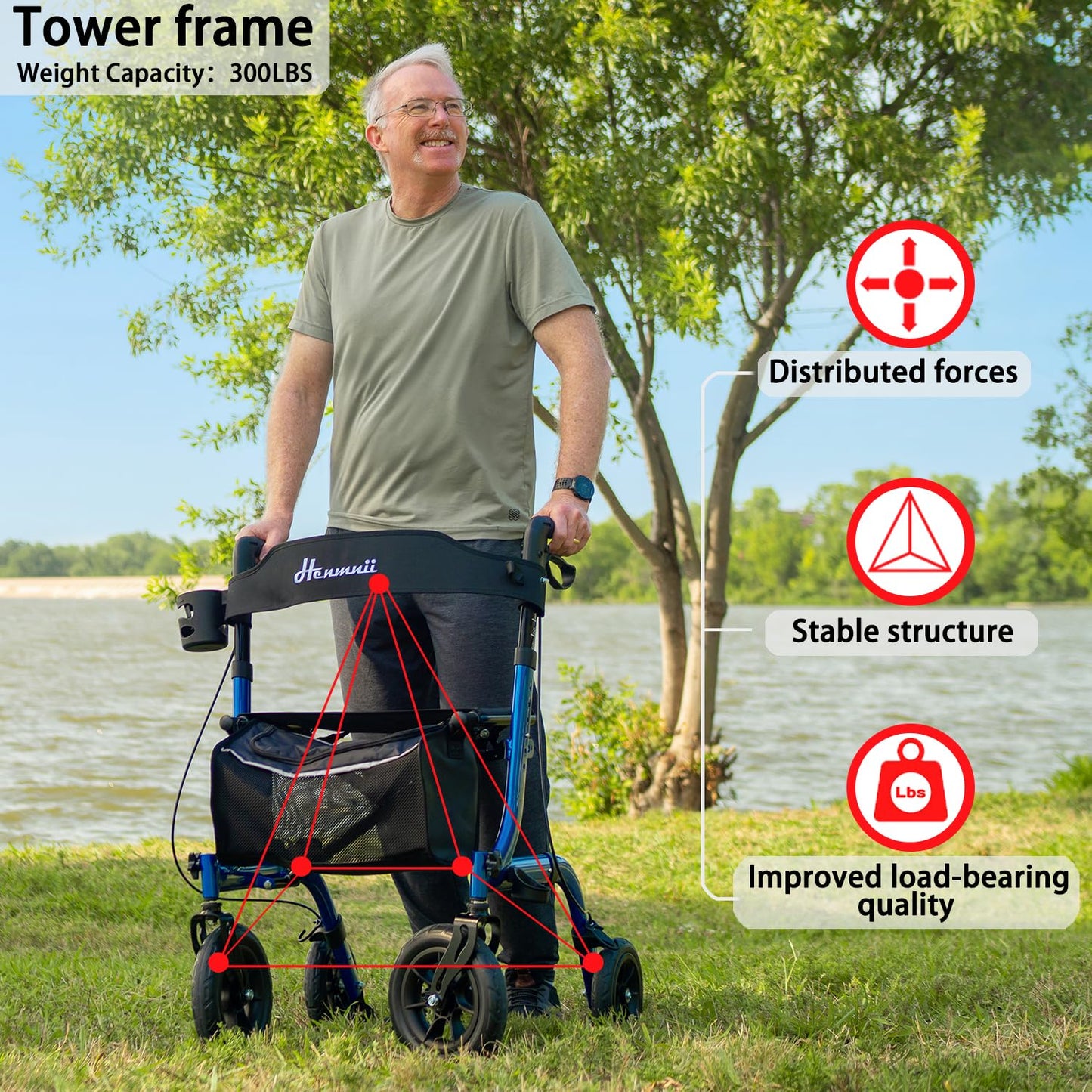 Henmnii Rollator Walker with seat for Seniors, All Terrain Walker with 10inch Front Rubber Wheels, Lightweight Foldable Aluminum Walkers
