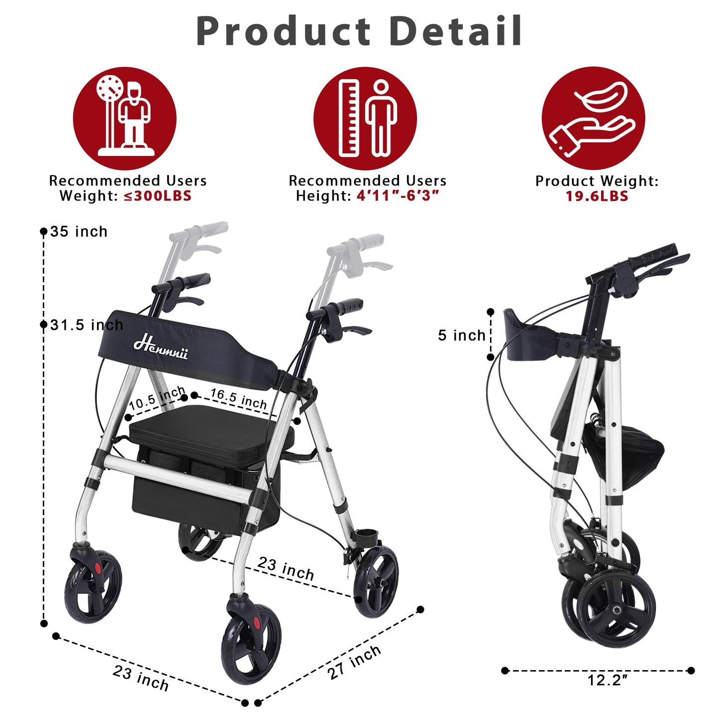 Walker for Seniors, Lightweight Rollator Walker with seat, Foldable Rolling Walker with 8 inch All Terrain Rubber Wheels, Ergonomic Adjustable Handles and Backrest for Seniors and Adult.