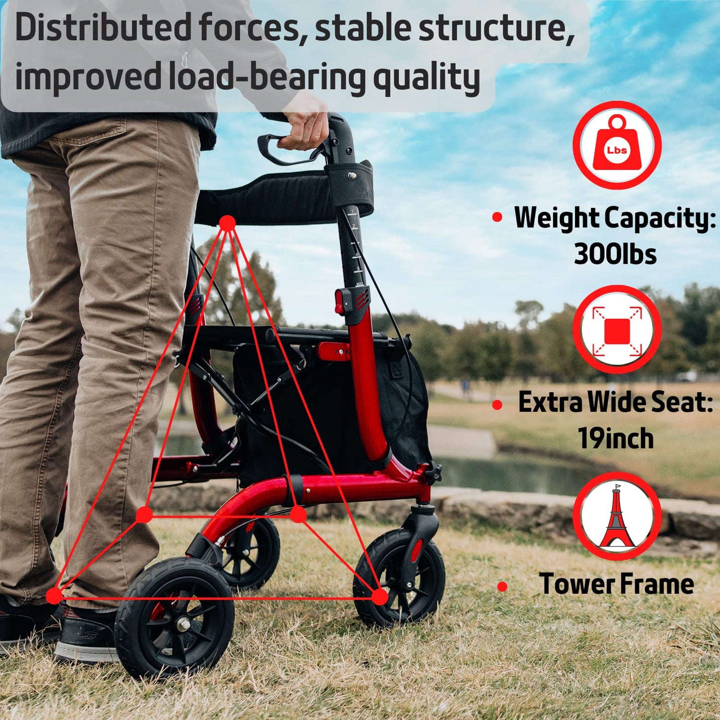 Henmnii Rollator Walker for Seniors, Heavy Duty Foldable All Terrain Rolling Walker with seat, Lightweight Aluminum Walkers with 8 inch Rubber Wheels, Handles and Backrest for Seniors and Adult
