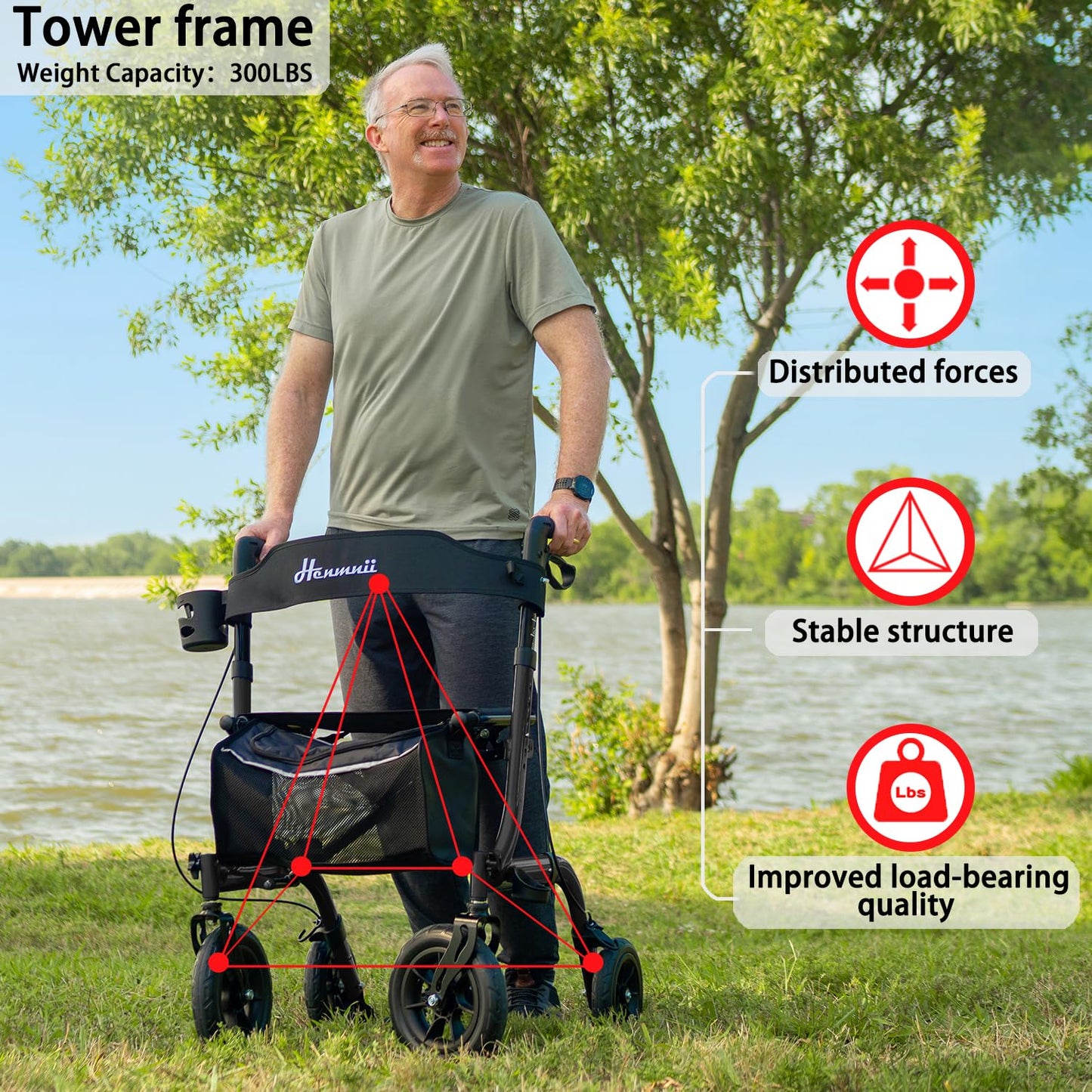Henmnii Rollator Walker with seat for Seniors, All Terrain Walker with 10inch Front Rubber Wheels, Lightweight Foldable Aluminum Walkers