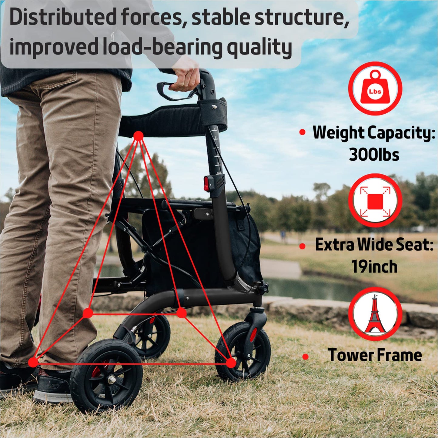 Henmnii Rollator Walker for Seniors, Heavy Duty Foldable All Terrain Rolling Walker with seat, Lightweight Aluminum Walkers with 8 inch Rubber Wheels, Handles and Backrest for Seniors and Adult