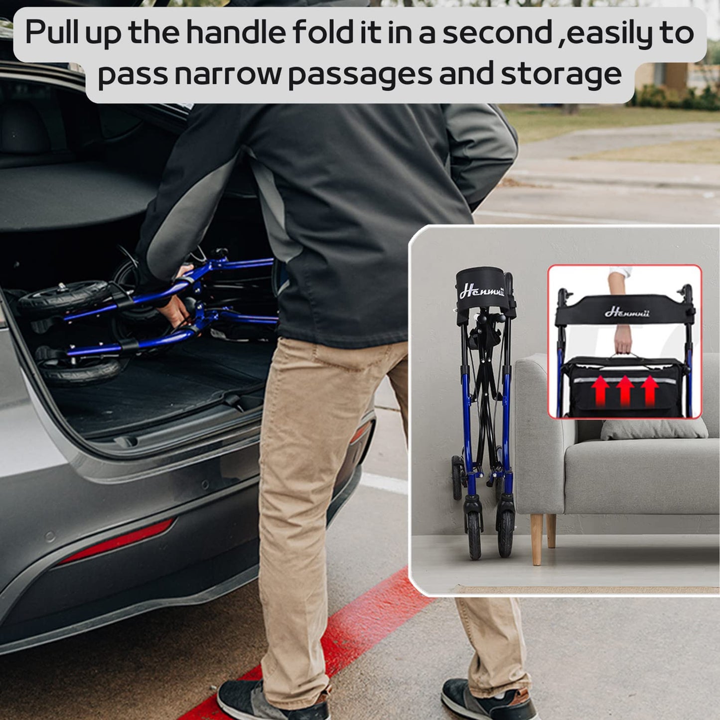 Henmnii Rollator Walker for Seniors, Heavy Duty Foldable All Terrain Rolling Walker with seat, Lightweight Aluminum Walkers with 8 inch Rubber Wheels, Handles and Backrest for Seniors and Adult