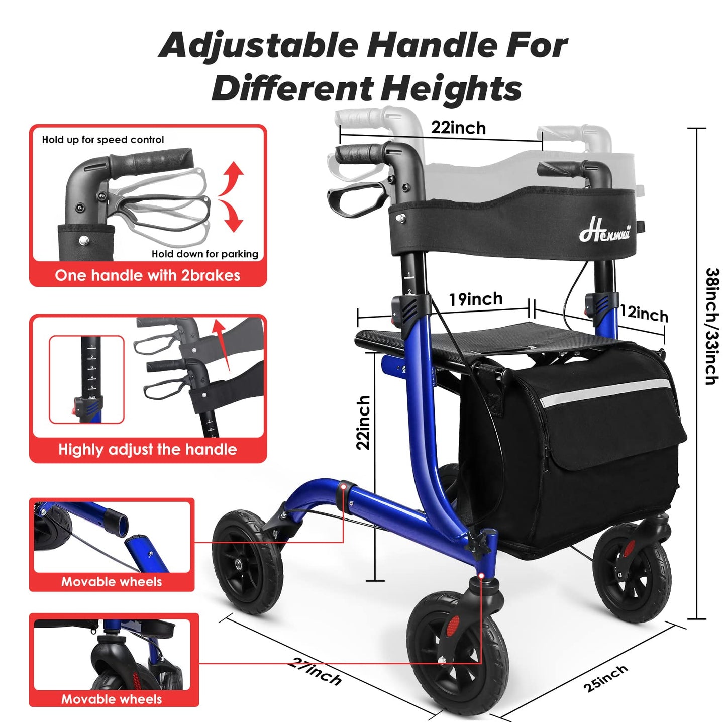 Henmnii Rollator Walker for Seniors, Heavy Duty Foldable All Terrain Rolling Walker with seat, Lightweight Aluminum Walkers with 8 inch Rubber Wheels, Handles and Backrest for Seniors and Adult