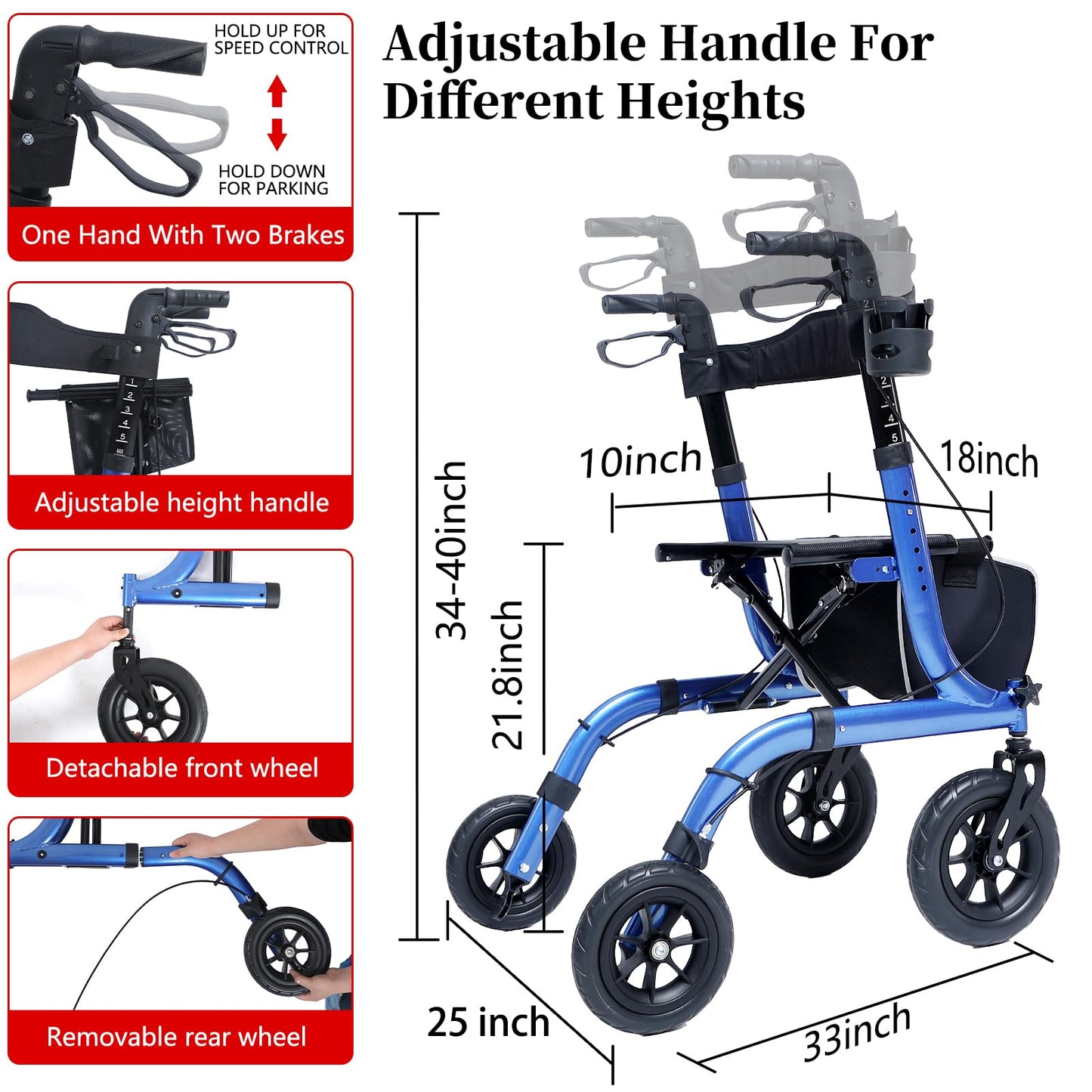 Henmnii Rollator Walker with seat for Seniors, All Terrain Walker with 10inch Front Rubber Wheels, Lightweight Foldable Aluminum Walkers