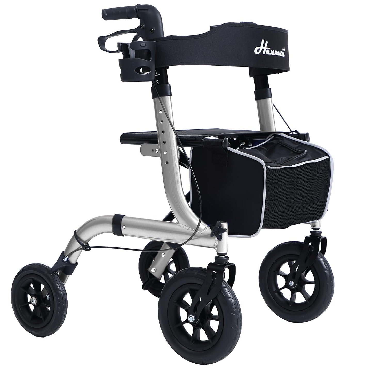 Henmnii Rollator Walker with seat for Seniors, All Terrain Walker with 10inch Front Rubber Wheels, Lightweight Foldable Aluminum Walkers