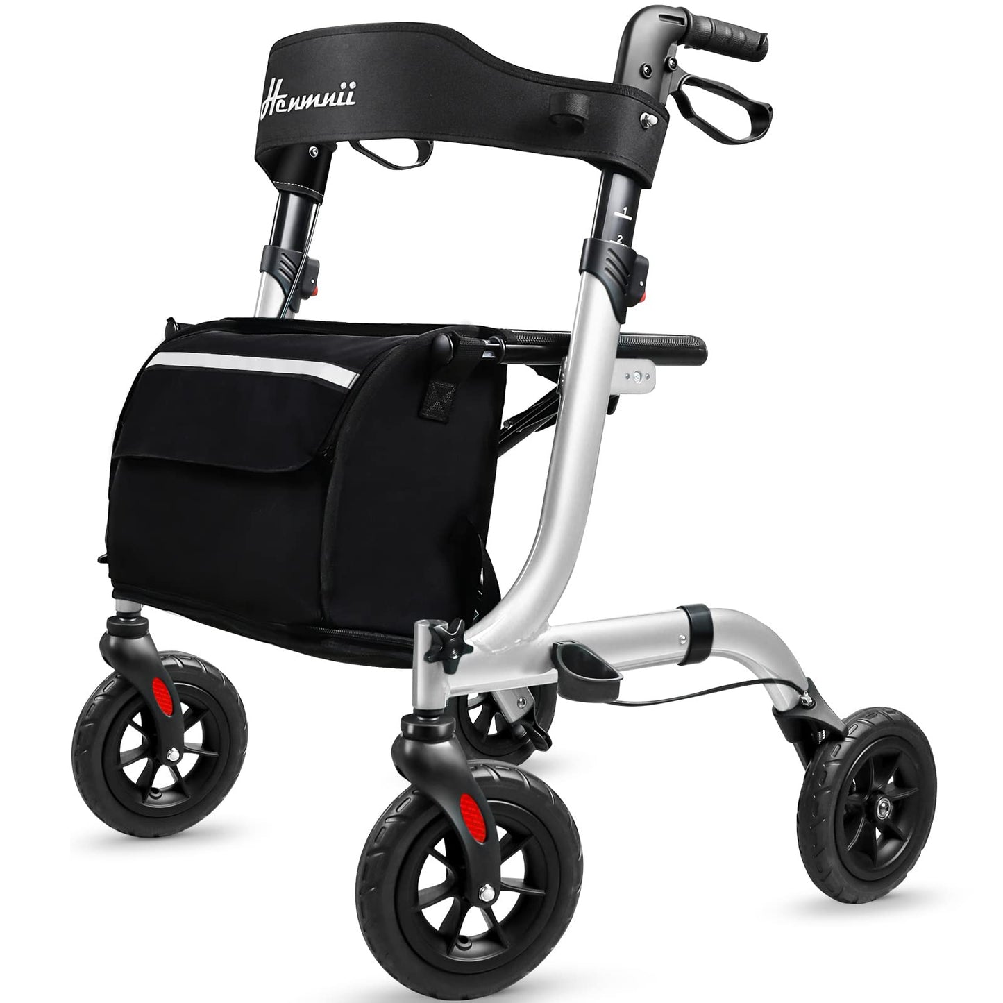 Henmnii Rollator Walker for Seniors, Heavy Duty Foldable All Terrain Rolling Walker with seat, Lightweight Aluminum Walkers with 8 inch Rubber Wheels, Handles and Backrest for Seniors and Adult