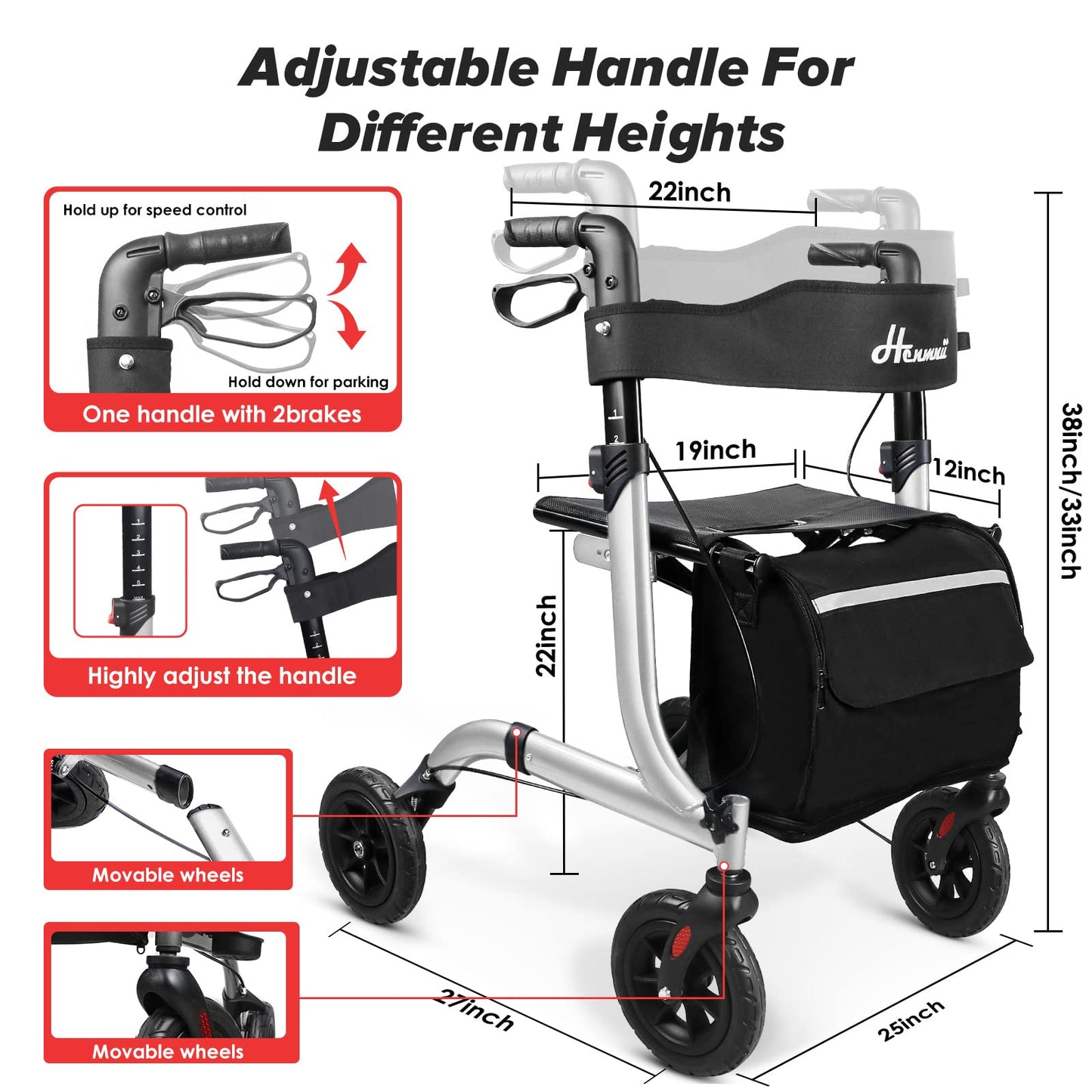 Henmnii Rollator Walker for Seniors, Heavy Duty Foldable All Terrain Rolling Walker with seat, Lightweight Aluminum Walkers with 8 inch Rubber Wheels, Handles and Backrest for Seniors and Adult